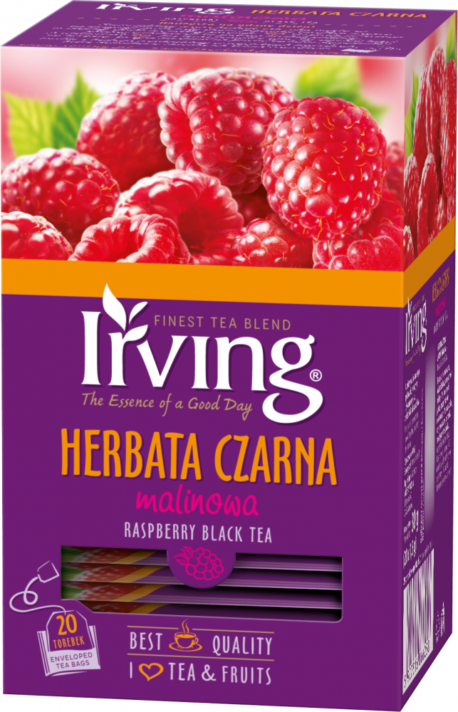 Herbata czarna aromatyzowana w kopertach Irving, malina, 20 sztuk x 1.5g