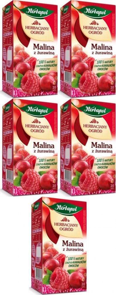 5x Herbata owocowa w torebkach Herbapol Herbaciany Ogród, malina i żurawina, 20 sztuk x 3g