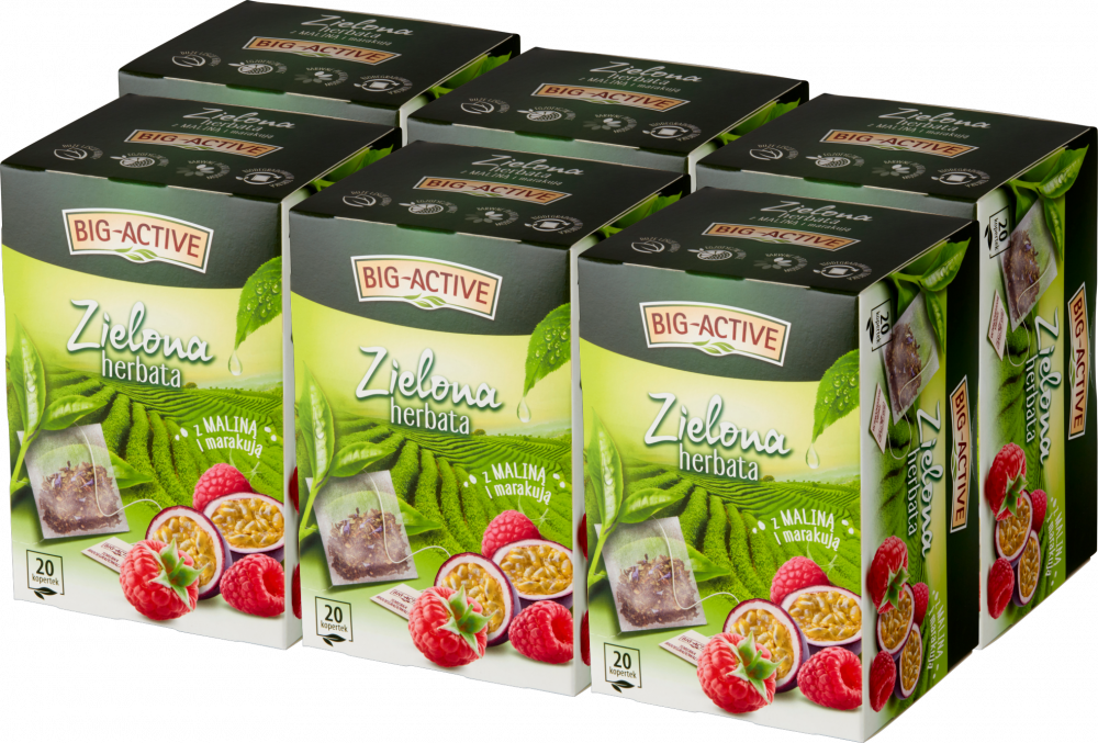 6x Herbata zielona smakowa w kopertach Big-Active, malina + marakuja, 20 sztuk x 1.7g
