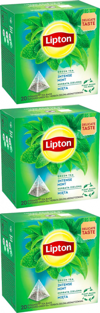 3x Herbata zielona smakowa w piramidkach Lipton, z miętą, 20 sztuk