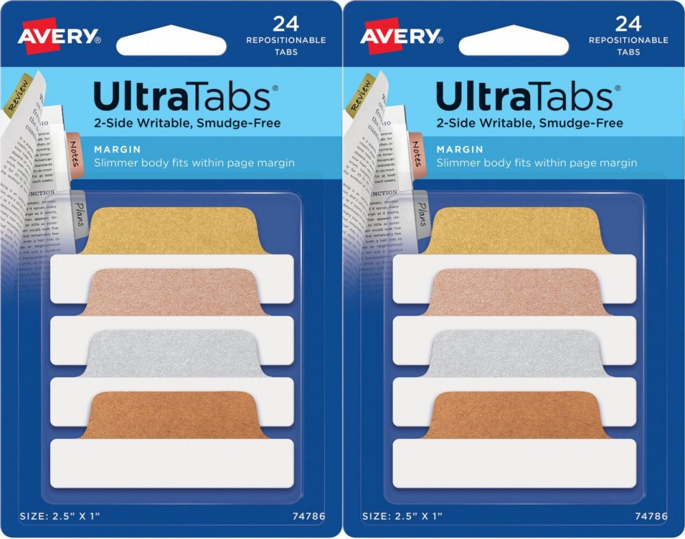 2x Zakładki samoprzylepne Avery Zweckform Ultra Tabs 74786, indeksujące, folia, 63.5x25.4mm, 24 sztuki, mix kolorów metalicznych