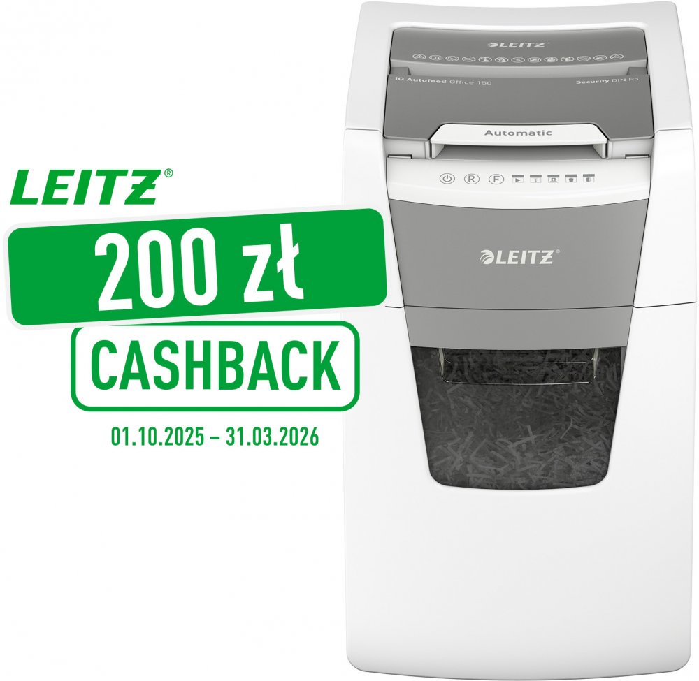 Niszczarka automatyczna Leitz IQ AutoFeed 150, mikrościnek 2x15mm, 150 kartek, P-5 DIN, biały