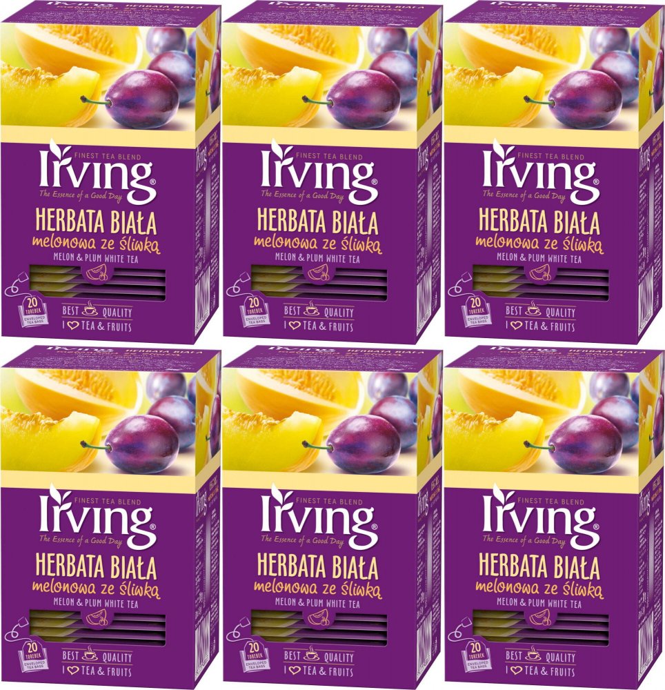6x Herbata biała smakowa w kopertach Irving, melonowa ze śliwką, 20 sztuk x 1.5g