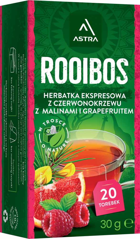 Herbata Rooibos w torebkach Astra, malina i grapefruit, 20 sztuk x 1.5g