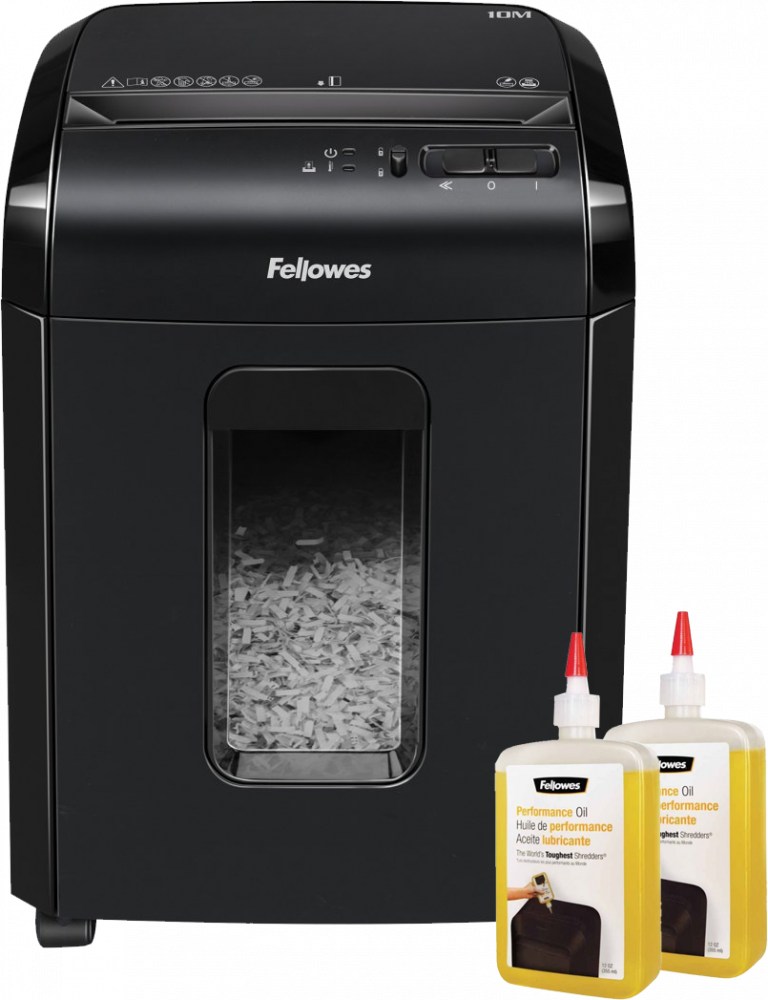 Zestaw: Niszczarka Fellowes 10M, mikrościnek 2x12mm, 10 kartek, P-5/T-5 DIN, czarny + 2x Olej do niszczarek Fellowes, 355ml