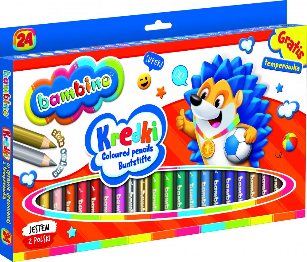 Kredki Bambino Zwierzaki Uczniaki, w oprawie drewnianej, 24 sztuki + temperówka, mix kolorów