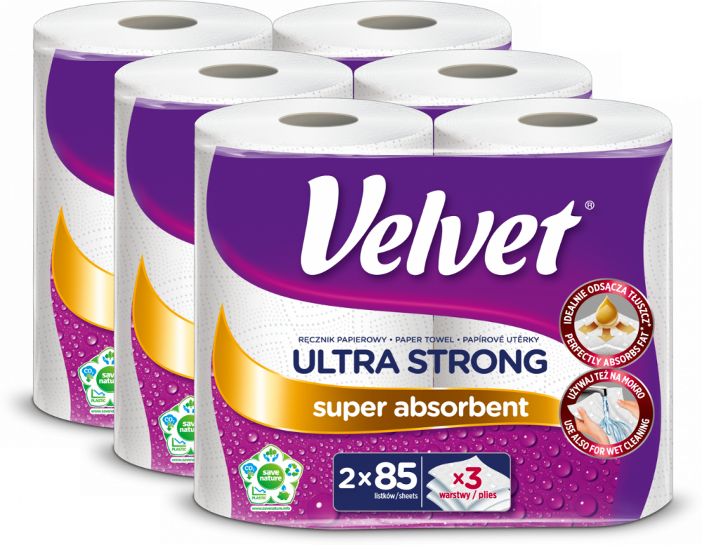 3x Ręcznik papierowy Velvet Ultra Strong, 3-warstwowy, w roli, 2 rolki, biały