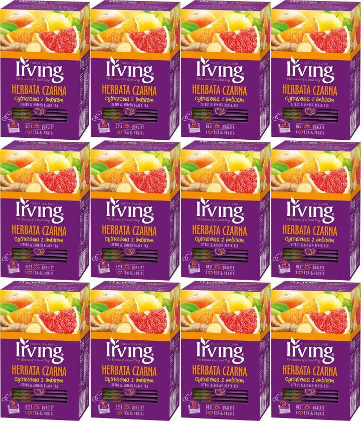 12x Herbata czarna aromatyzowana w kopertach Irving, cytryna i imbir, 20 sztuk x 1.5g