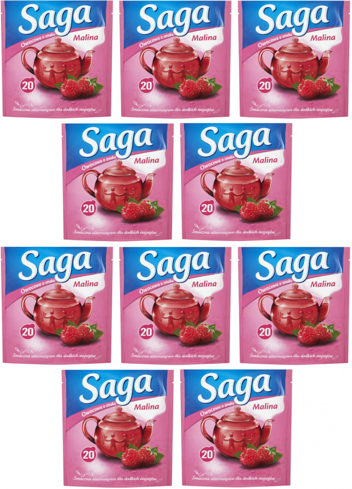 10x Herbata owocowa w torebkach Saga, malina, 20 sztuk x 1.7g
