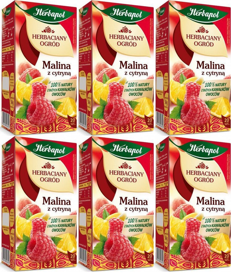 6x Herbata owocowa w torebkach Herbapol Herbaciany Ogród, malina z cytryną, 20 sztuk x 2,7g