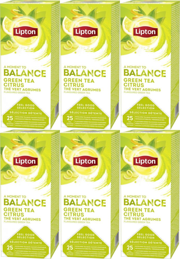 6x Herbata zielona smakowa w kopertach Lipton Classic Green Tea Citrus, cytrynowa, 25 sztuk x 1.3g
