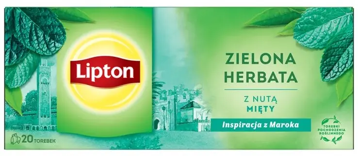 Herbata zielona smakowa w torebkach Lipton Green Tea Mint, mięta, 20 sztuk x1.3g