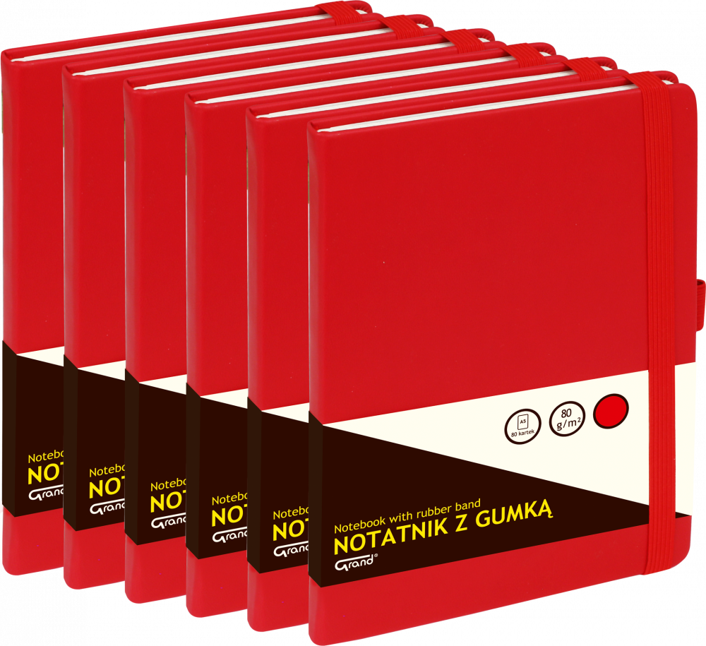 6x Notatnik w kratkę Grand, z gumką, A5, twarda oprawa, 80 kartek, czerwony