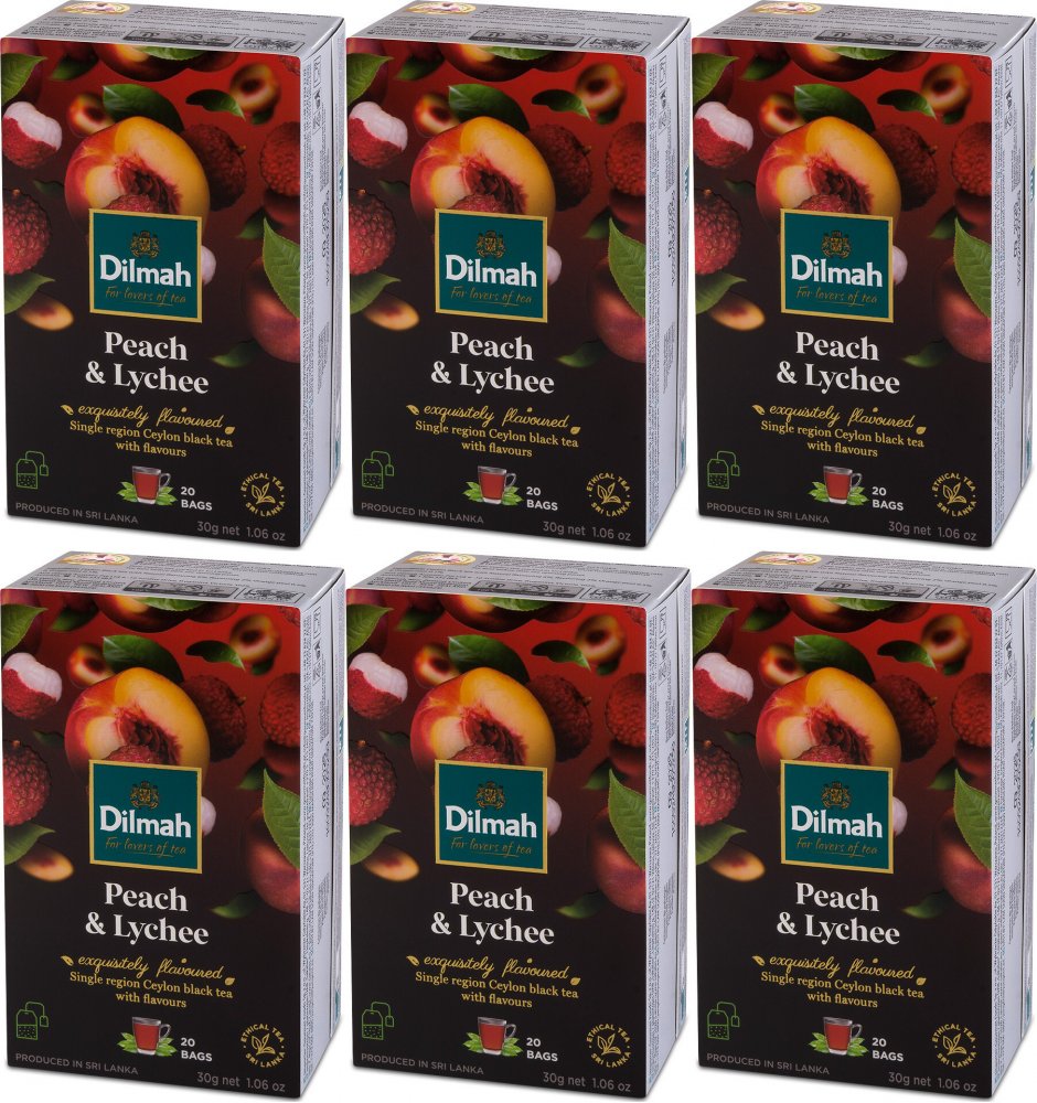 6x Herbata czarna w torebkach Dilmah Peach & Lychee, brzoskwinia i liczi, 20 sztuk x 1.5g