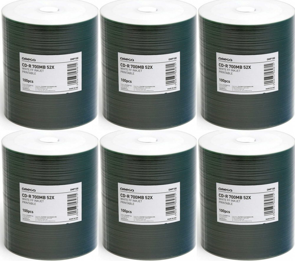 6x Płyta CD-R Omega, do nadruku, do jednokrotnego zapisu, 700 MB, folia, 100 sztuk