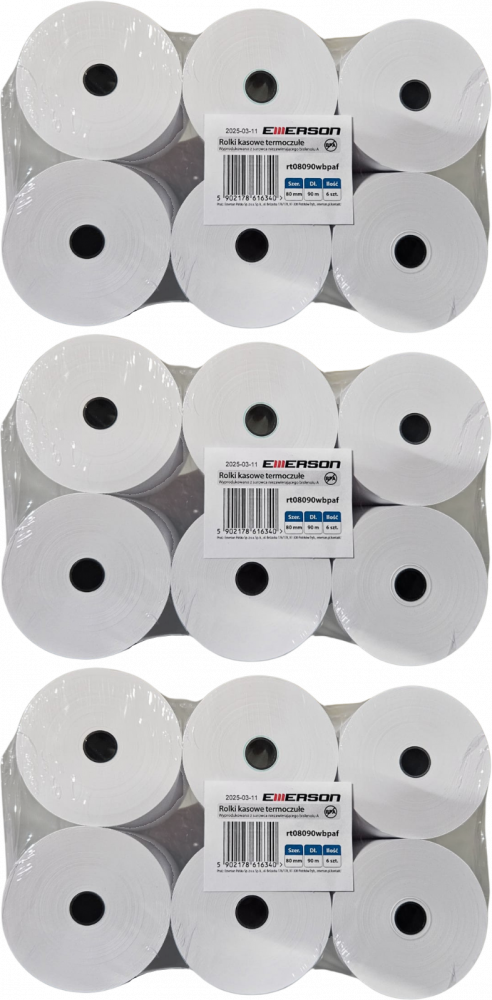 3x Rolka termiczna Emerson, 80mm x 90m, 50+/- 6g/m2, BPA Free, 6 sztuk, biały