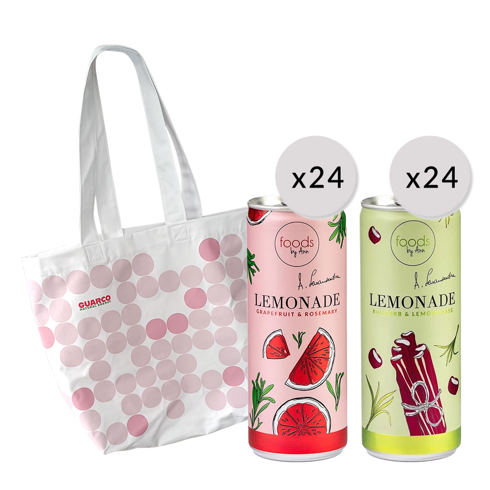 Zestaw: Lemoniada grejpfrut, 250 ml x24 + Lemoniada rabarbar, 250 ml x24 + Torba Guarco