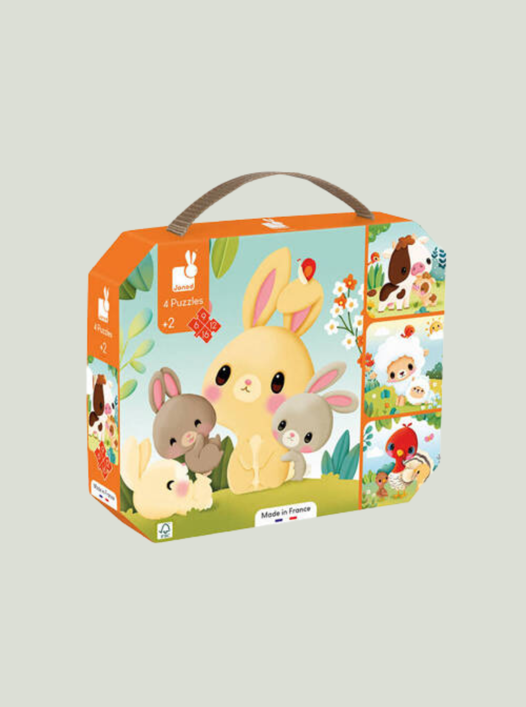 Puzzle progresywne w walizce Zwierzątka na farmie 4 układanki – 6, 9, 12 i 16 elementów 2+ JANOD