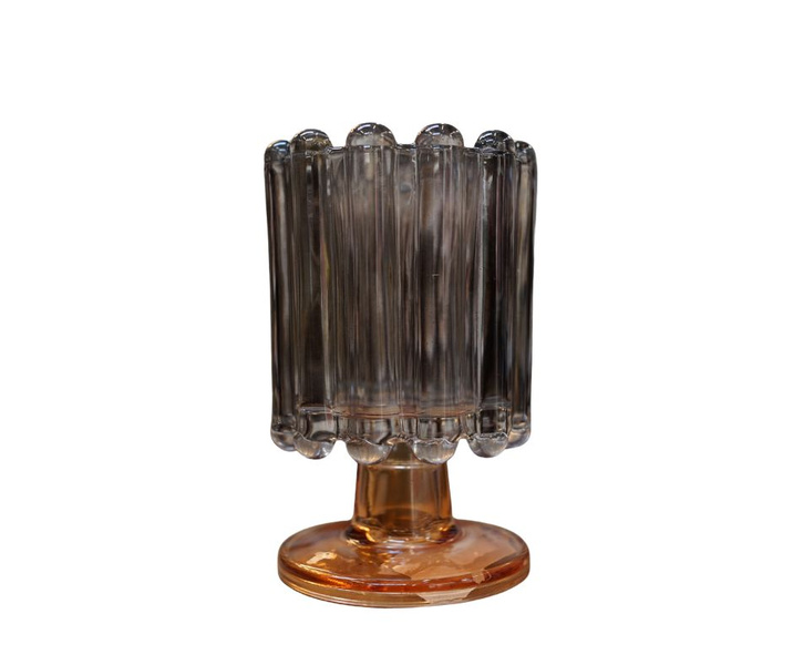 Świecznik szklany dymiony na miedzianej nóżce 15 cm