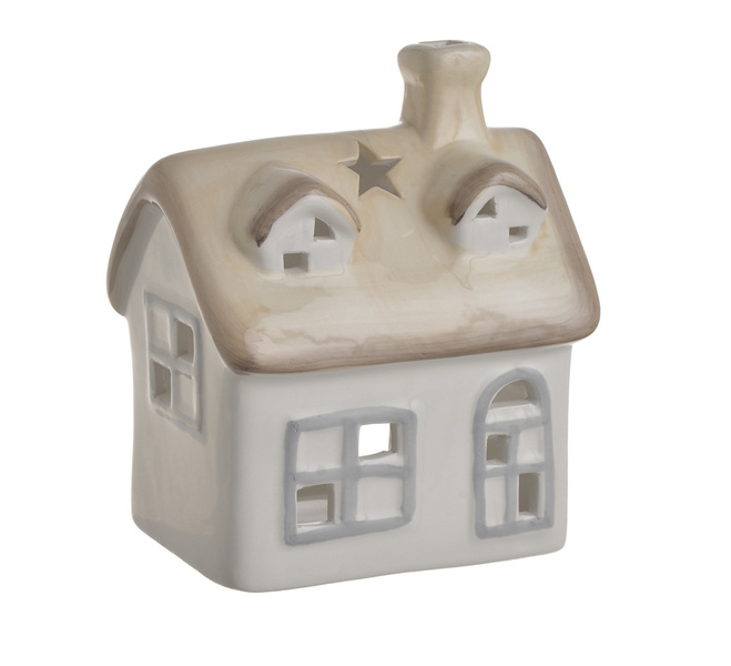 Domek ceramiczny na T-light biały, krem dach z gwiazdką 13cm
