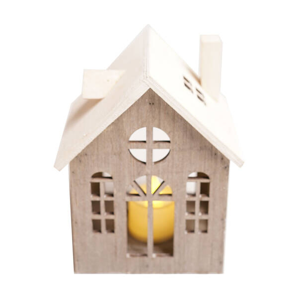 Domek LED drewniany szary z białym dachem 14,2cm