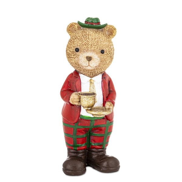 Figurka Miś złoty w czerwonym garniturze złota szklanka w ręku 12,5cm