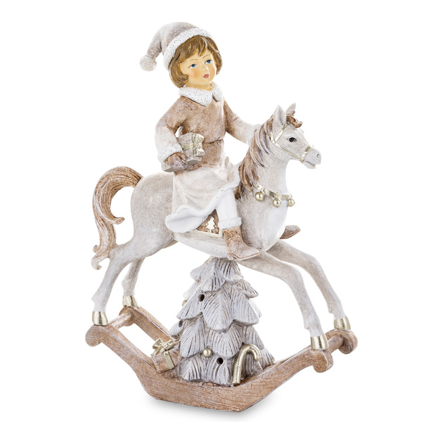 Dziecko ONA na biało-brązowym koniu, choinka na płozach LED 26cm