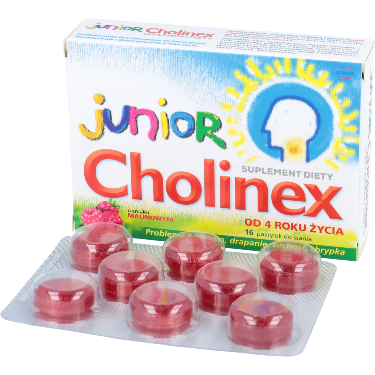 Cholinex junior, smak malinowy, pastylki do ssania, 16 tabletek