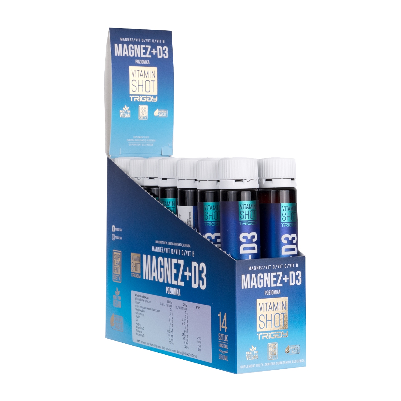 Zestaw: 14 x triggy vitamin shot magnez+d3, smak poziomki, 25 ml