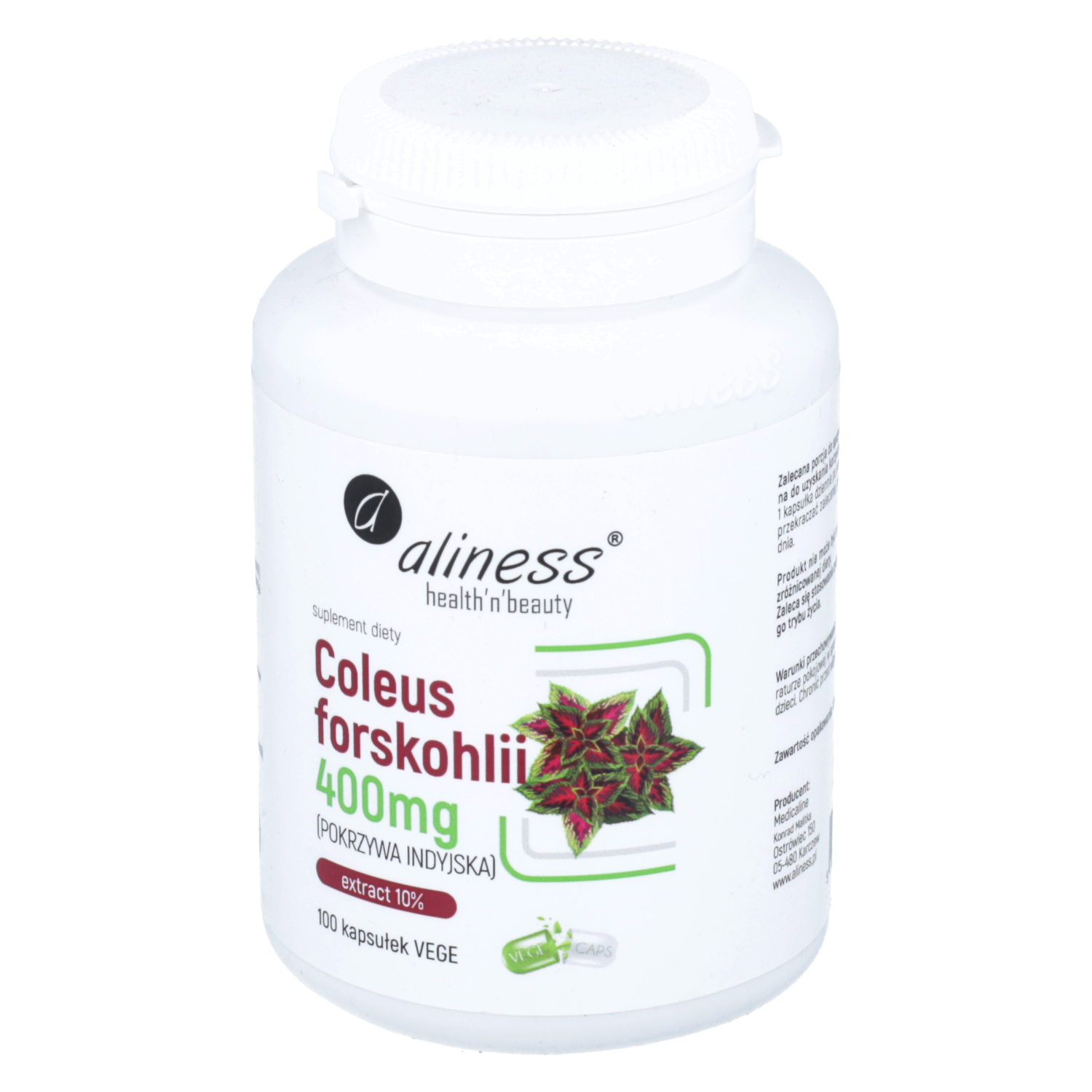 Aliness - coleus forskohlii 10%, pokrzywa indyjska, 400 mg, 100 kapsułek