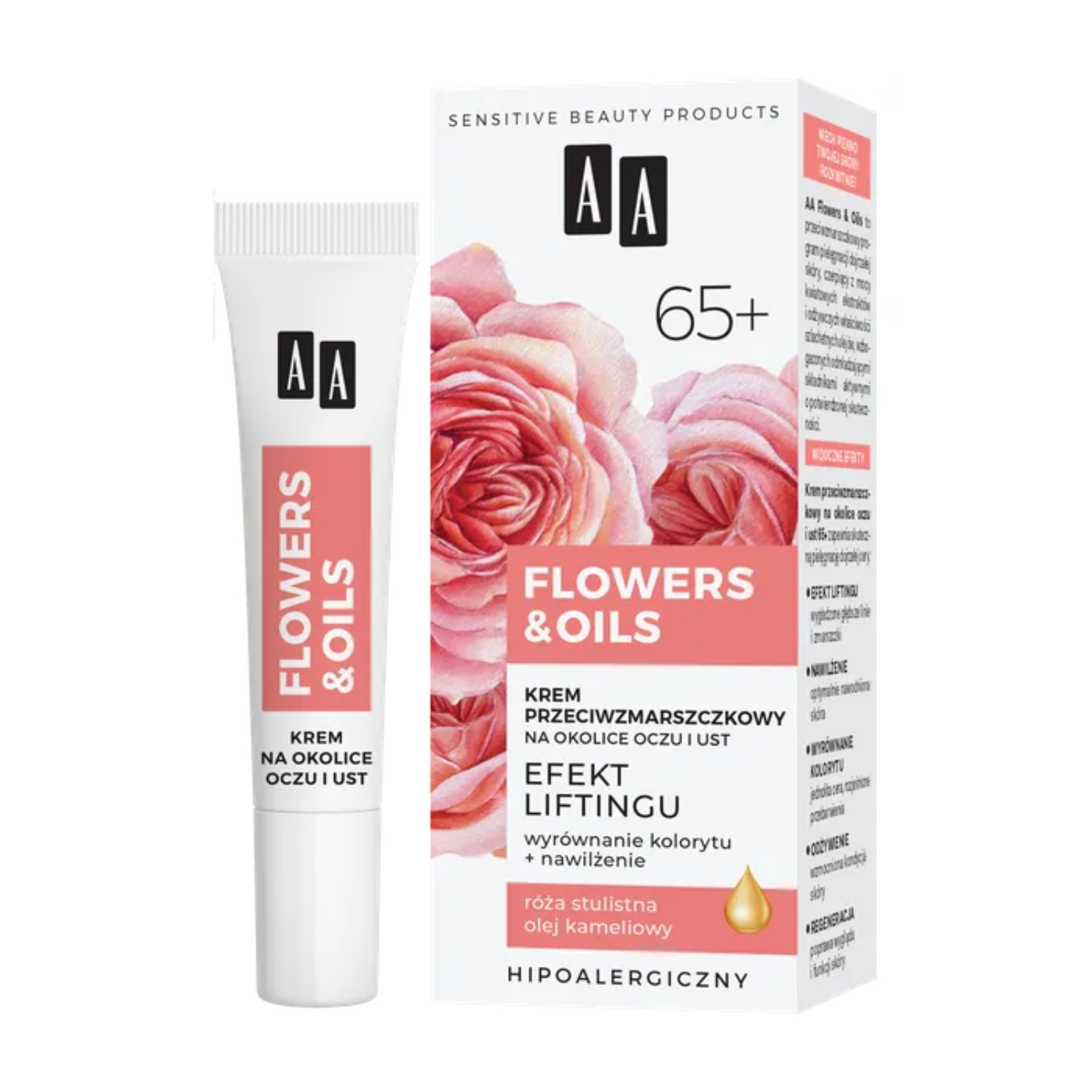 Aa flowers and oils 65+ - krem przeciwzmarszczkowy na okolice oczu i ust, odbudowa, 15 ml