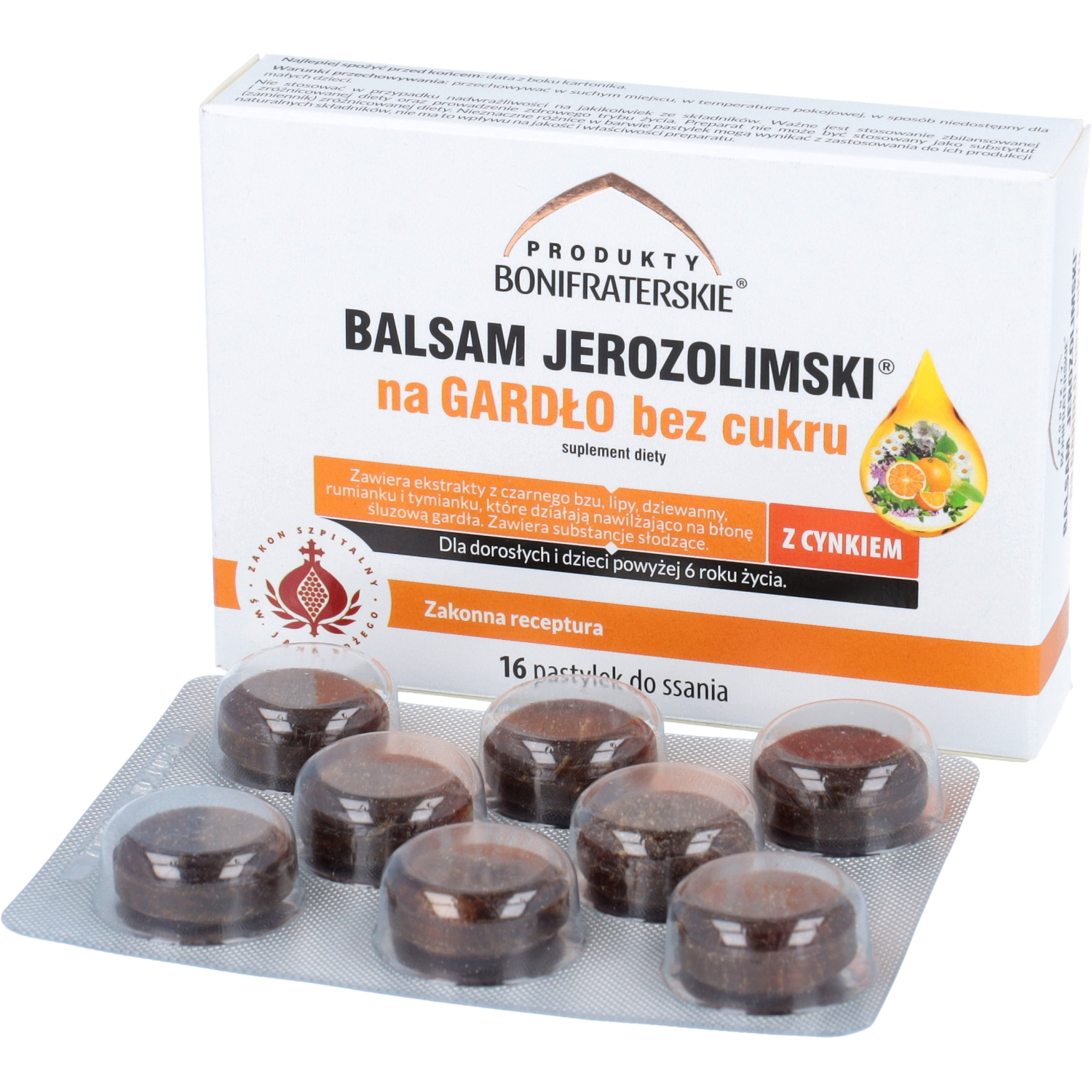 Produkty bonifraterskie balsam jerozolimski, bez cukru, 16 pastylek (data ważności: 30.04.2026)