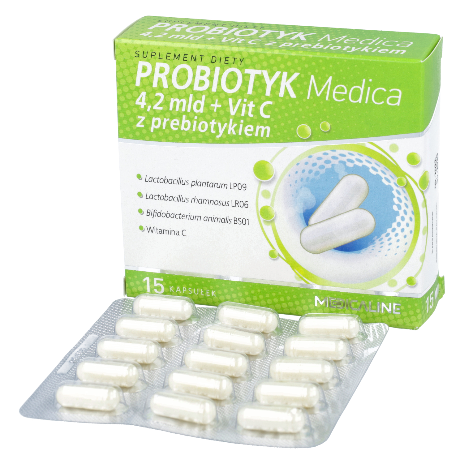 Probiotyk medica 4,2 mld + vit c z prebiotykiem, 15 kapsułek