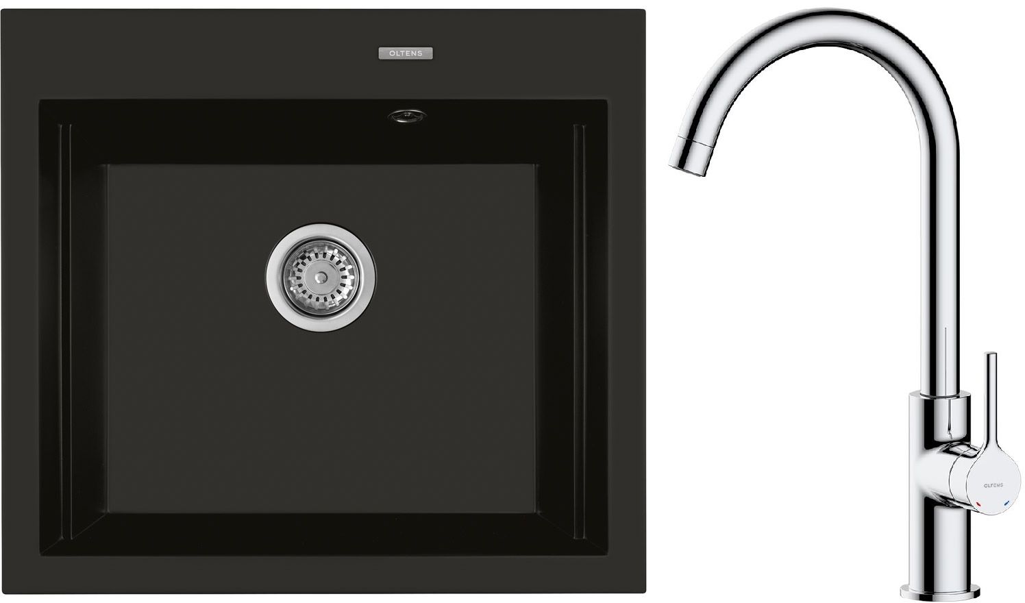 Zestaw Oltens Gravan zlewozmywak granitowy 1-komorowy 57x51,5 cm z baterią kuchenną Skafta czarny mat/chrom (72000300, 35206100) - Wysyłka w 24h