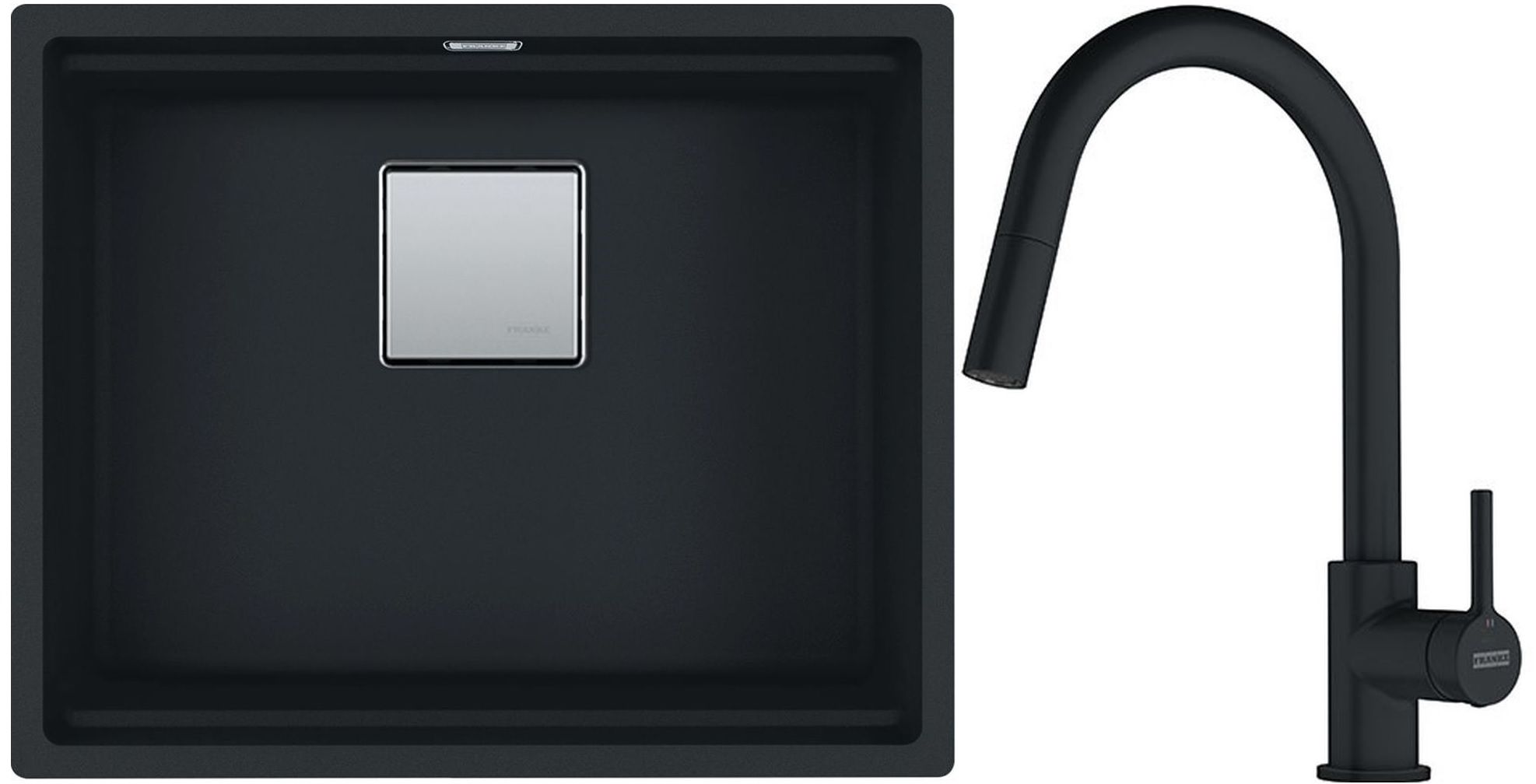 Franke Kanon KNG 110-62 zlewozmywak 62x42 cm Fragranite czarny mat z baterią kuchenną Lina Pull-Out czarny mat (1250633003, 1150626053)