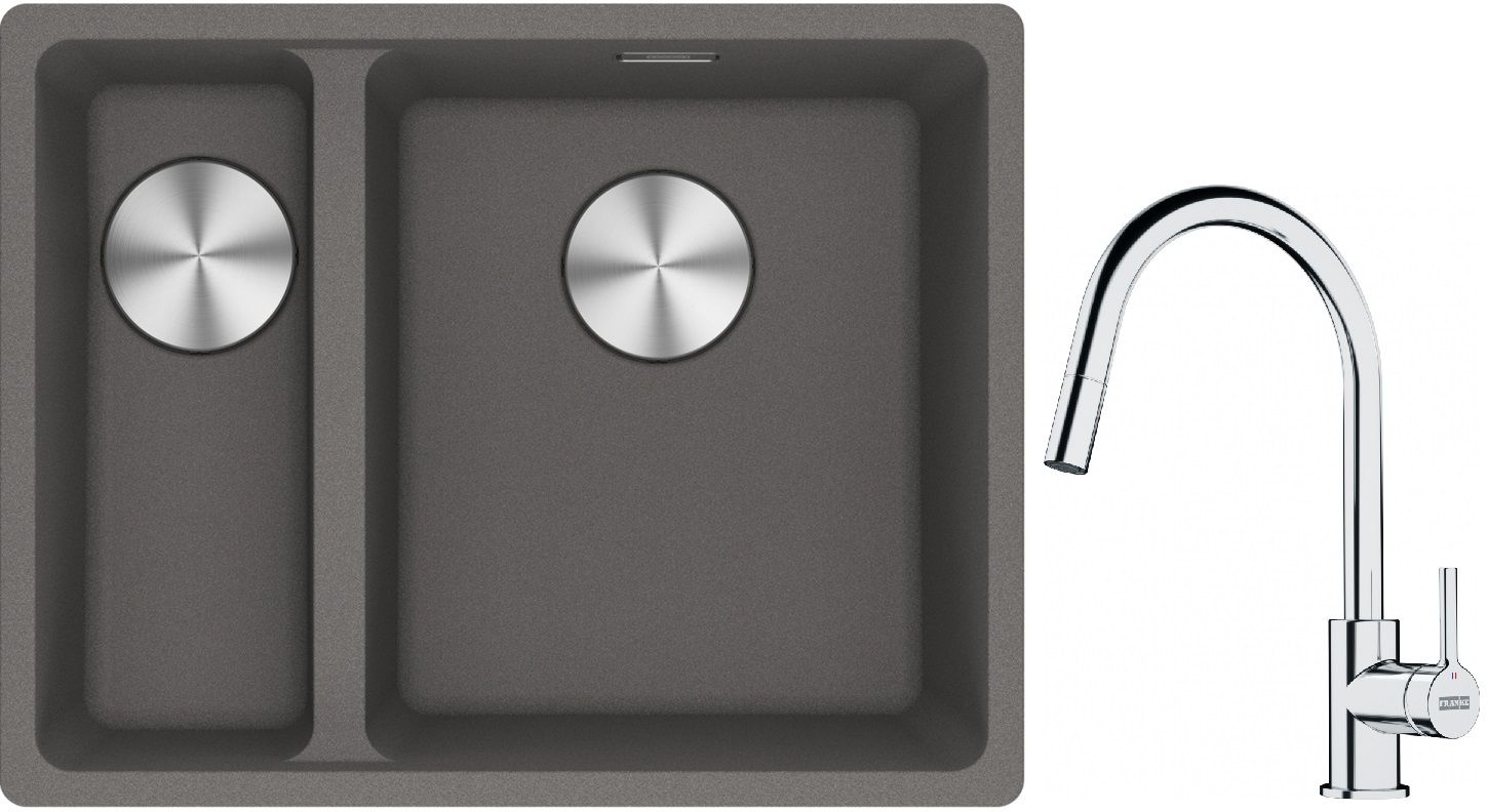 Franke Maris MRG 160-34-15SBL zlewozmywak 52x40 cm Fragranite kamienny szary z baterią kuchenną Lina chrom (1250687270, 1150693229)