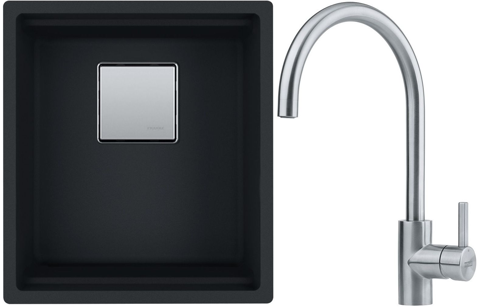 Franke Kanon KNG 110-37 zlewozmywak 37x42 cm z Fragranite czarny mat z baterią kuchenną Eos Neo stal szlachetna (1250633001, 1150590044)