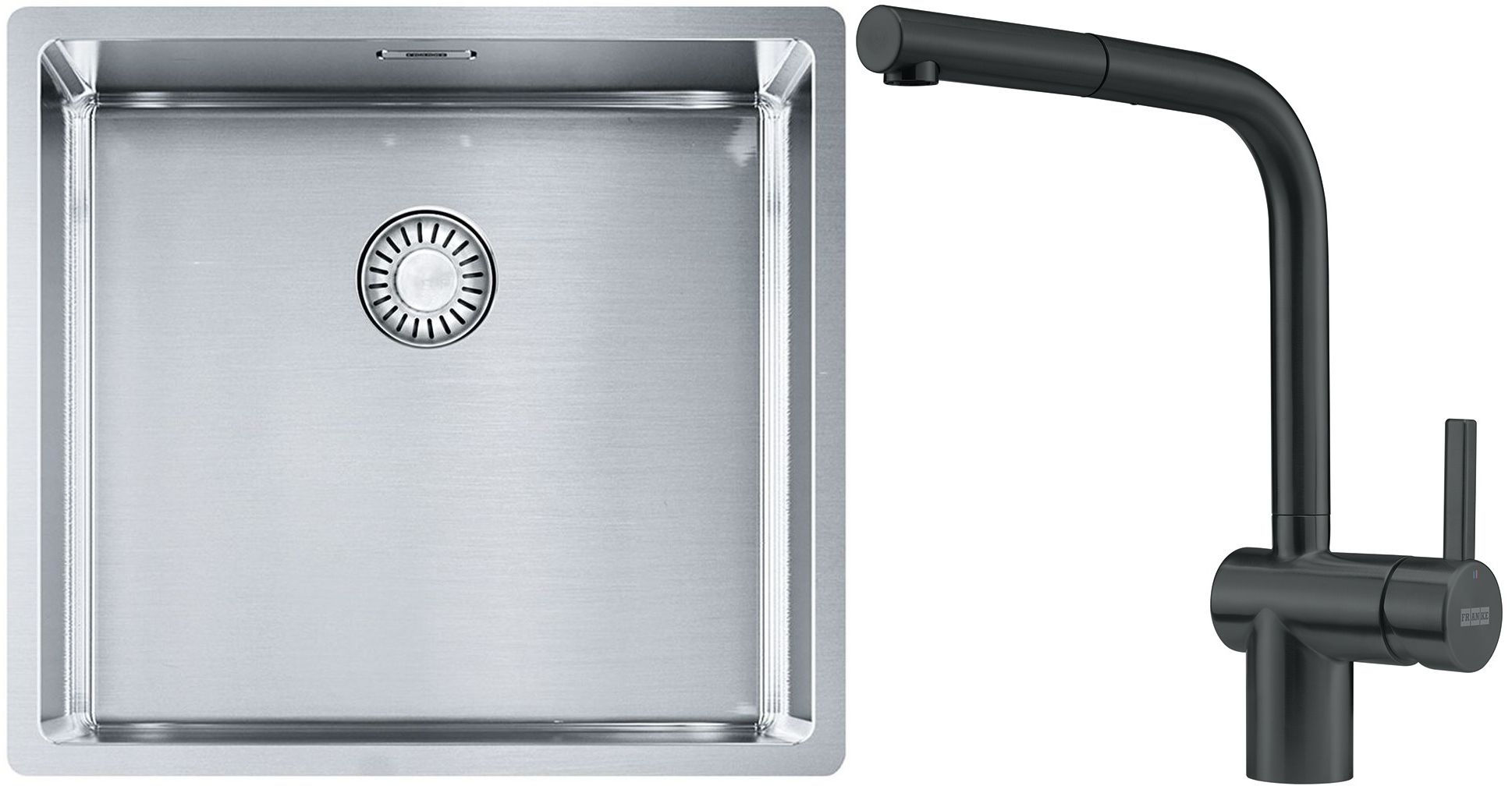 Franke Box BXX 210/110-45 zlewozmywak 49x45 cm stalowy z baterią kuchenną Atlas czarna stal szlachetna (1270453655, 1150550427)
