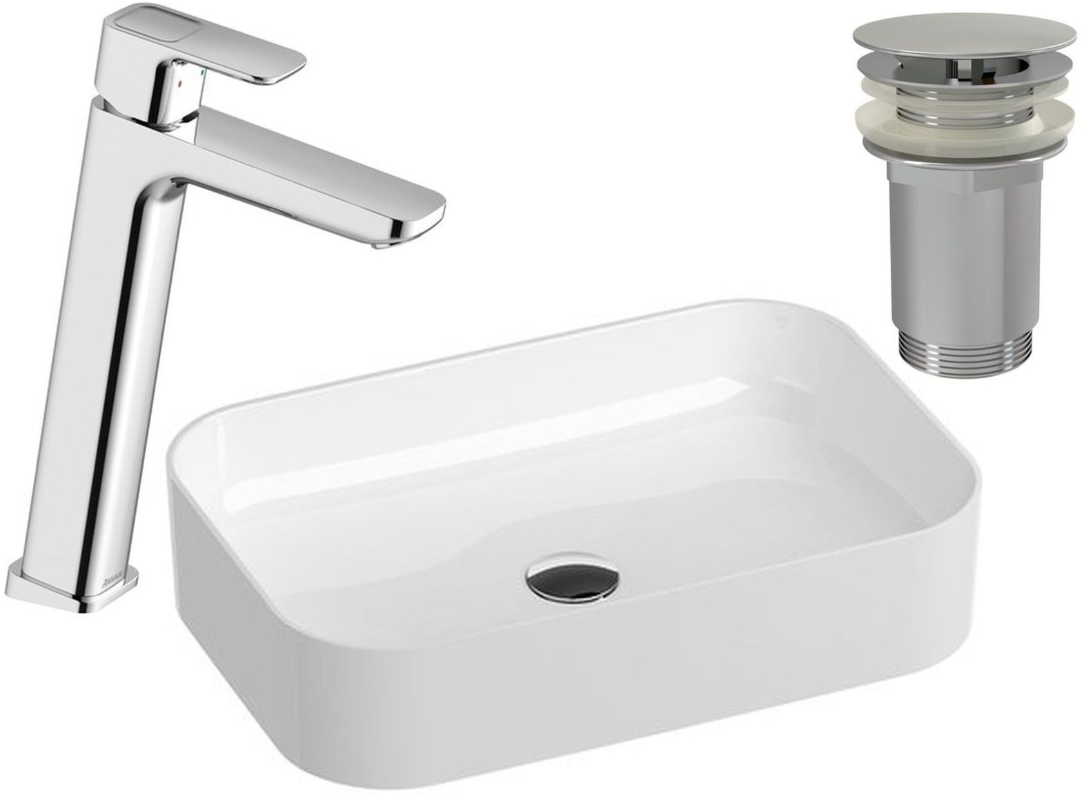 Zestaw Ravak Ceramic Slim R umywalka z baterią stojącą 10° korkiem chrom (XJX01155002, X01439, X070091)