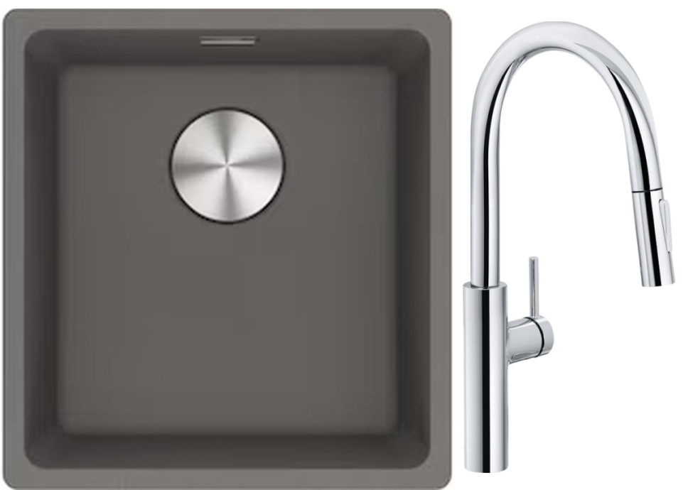 Franke Maris MRG 110-37 zlewozmywak 40x37 cm Fragranite kamienny szary z baterią kuchenną Pescara L Slide-In chrom (1250687250, ...