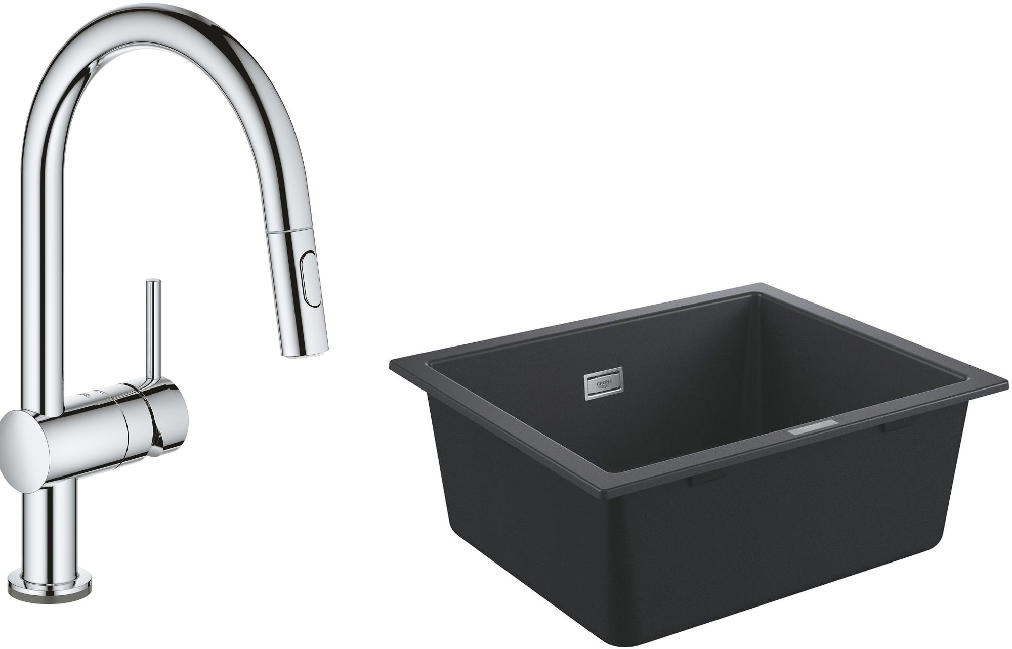 Zestaw Grohe K700 zlewozmywak 53,3x45,7 cm czarny granit z baterią kuchenną elektroniczną Minta Touch chrom (31654AP0, 31358002)