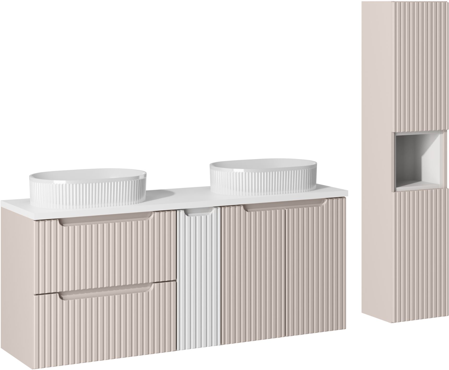 Comad Nova Cashmere zestaw mebli łazienkowych szafka 140 cm podumywalkowa wisząca z umywalkami i szafka wysoka 140 cm boczna kaszmir ...