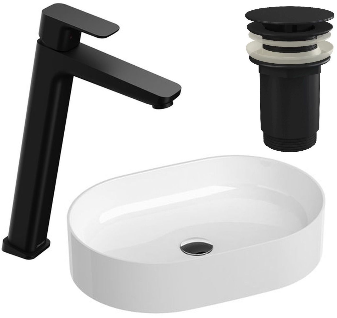 Zestaw Ravak Ceramic 550 SLIM O umywalka z baterią stojącą 10° Free Black korkiem czarny mat (XJX01155001, X01762, X070151)