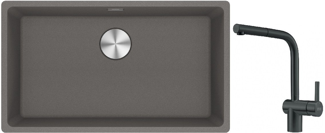 Franke Maris MRG 110-72 zlewozmywak 72x40 cm Fragranite kamienny szary z baterią kuchenną Atlas czarna stal szlachetna (1250687262, ...