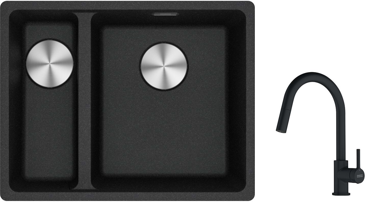 Franke Maris MRG 160-34-15 zlewozmywak 55x43 cm Fragranite onyx z baterią kuchenną Lina czarny mat (1250687269, 1150626053)