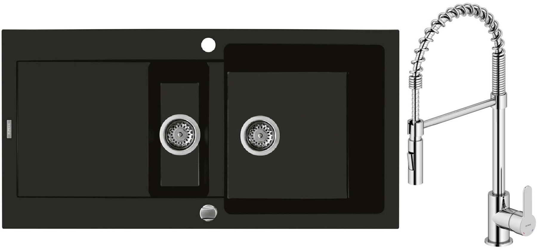Zestaw Oltens Gravan zlewozmywak granitowy 1,5-komorowy 100x50 cm z baterią kuchenną Duf czarny mat/chrom (72300300, 35203100) - Wysyłka w 24h