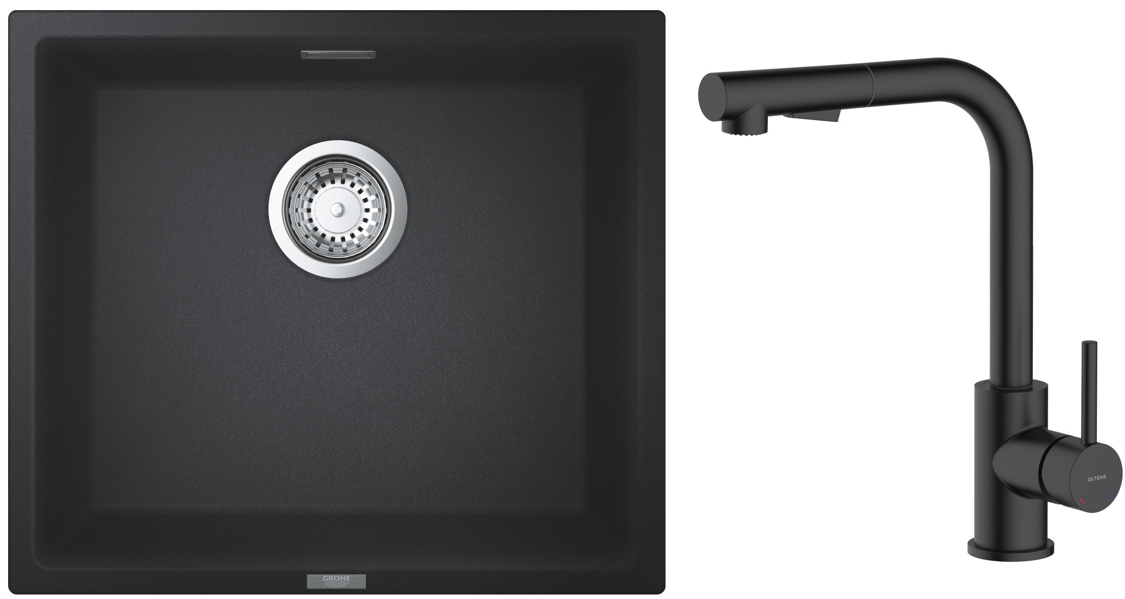 Zestaw Grohe K700 zlewozmywak granitowy 45,7x40,6 cm z baterią kuchenną Oltens Myvat czarny granit/czarny mat (35205300, 31653AP0) - Wysyłka w 24h