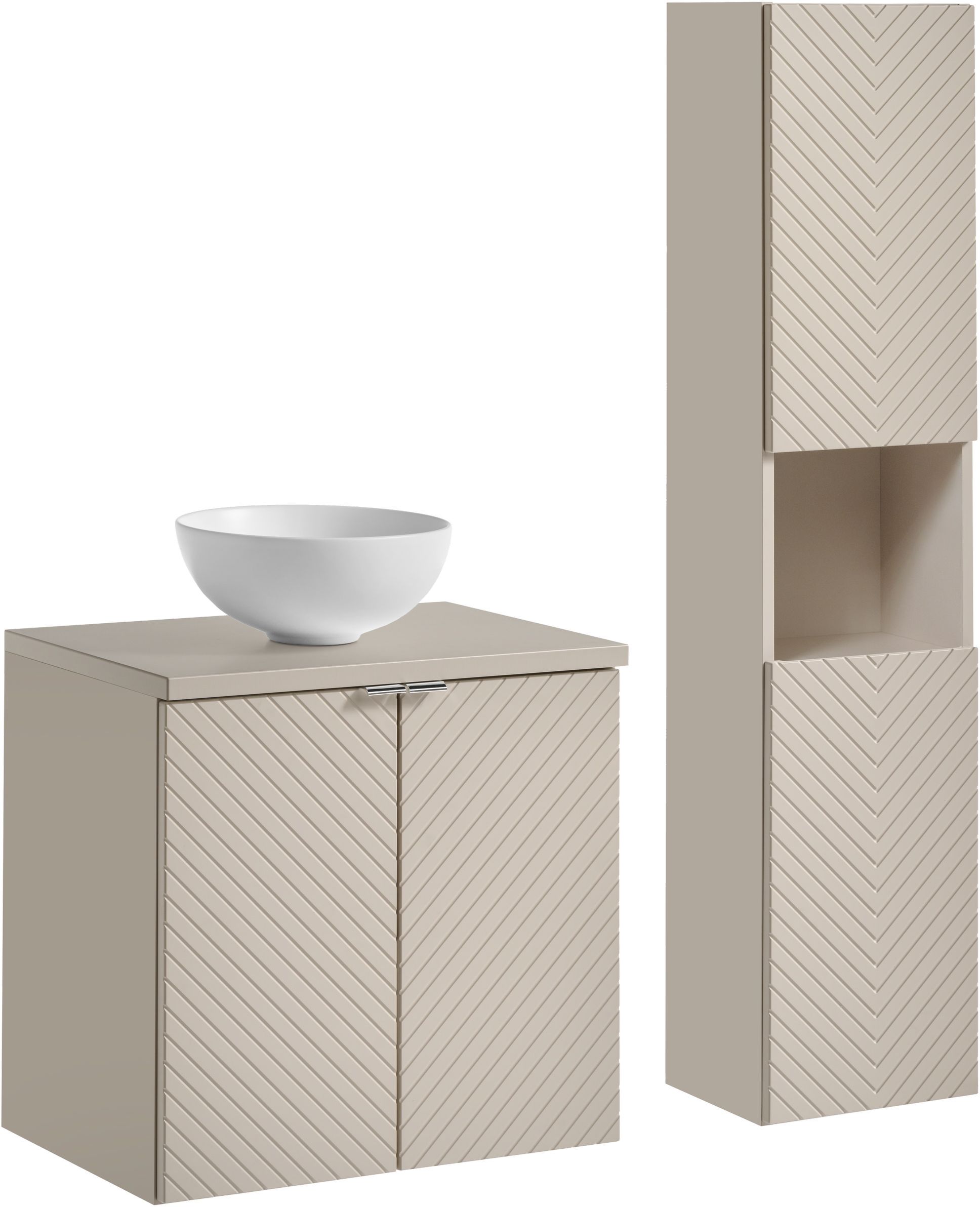 Zestaw Comad Viva Cashmere szafka 60x39x57 cm podumywalkowa wisząca kaszmir z blatem białym, umywalką i szafką boczną SET-VIC B ...