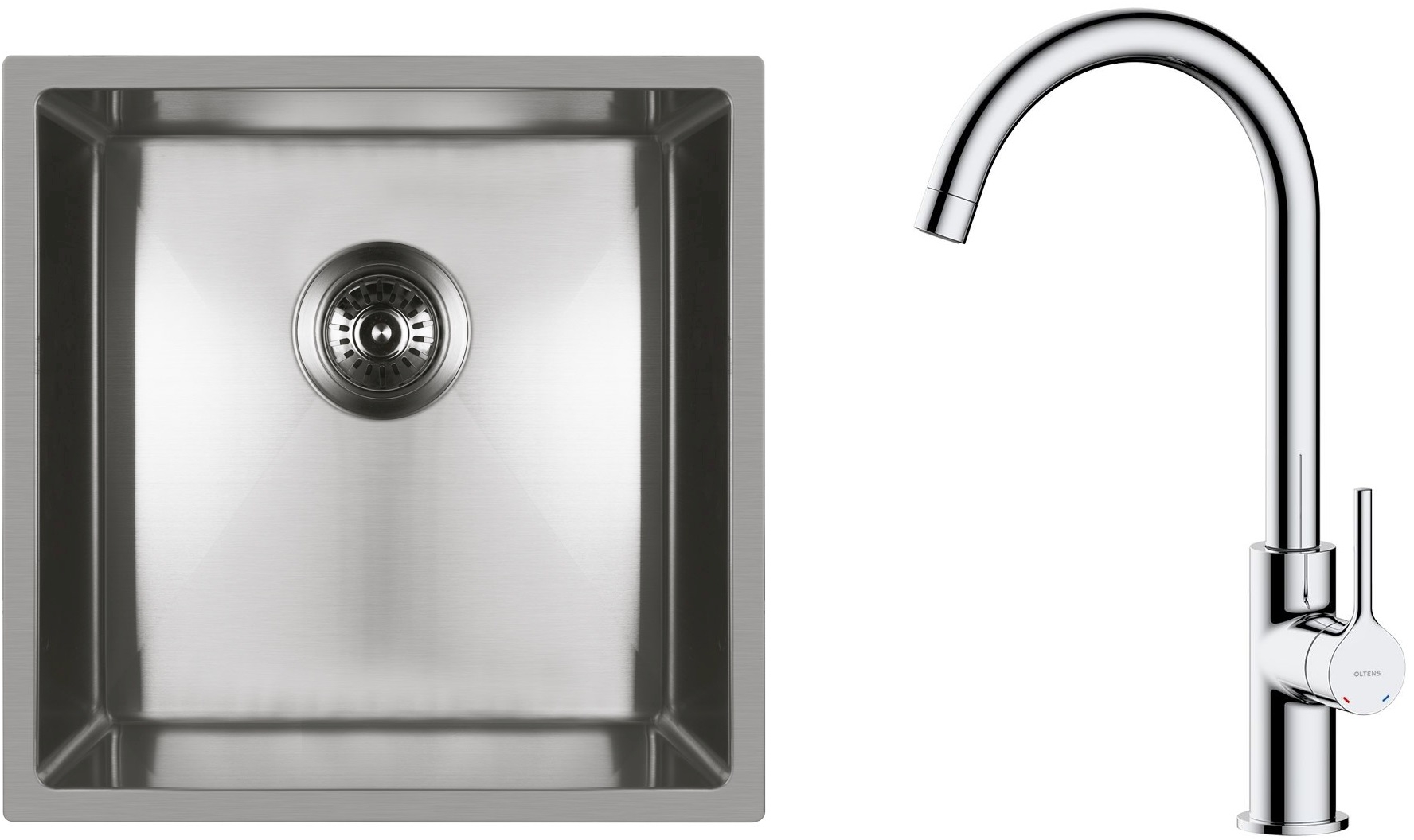 Zestaw Oltens Stalvask zlewozmywak stalowy 44x44 cm z baterią kuchenną Skafta stal polerowana/chrom (71100100, 35206100) - Wysyłka w 24h