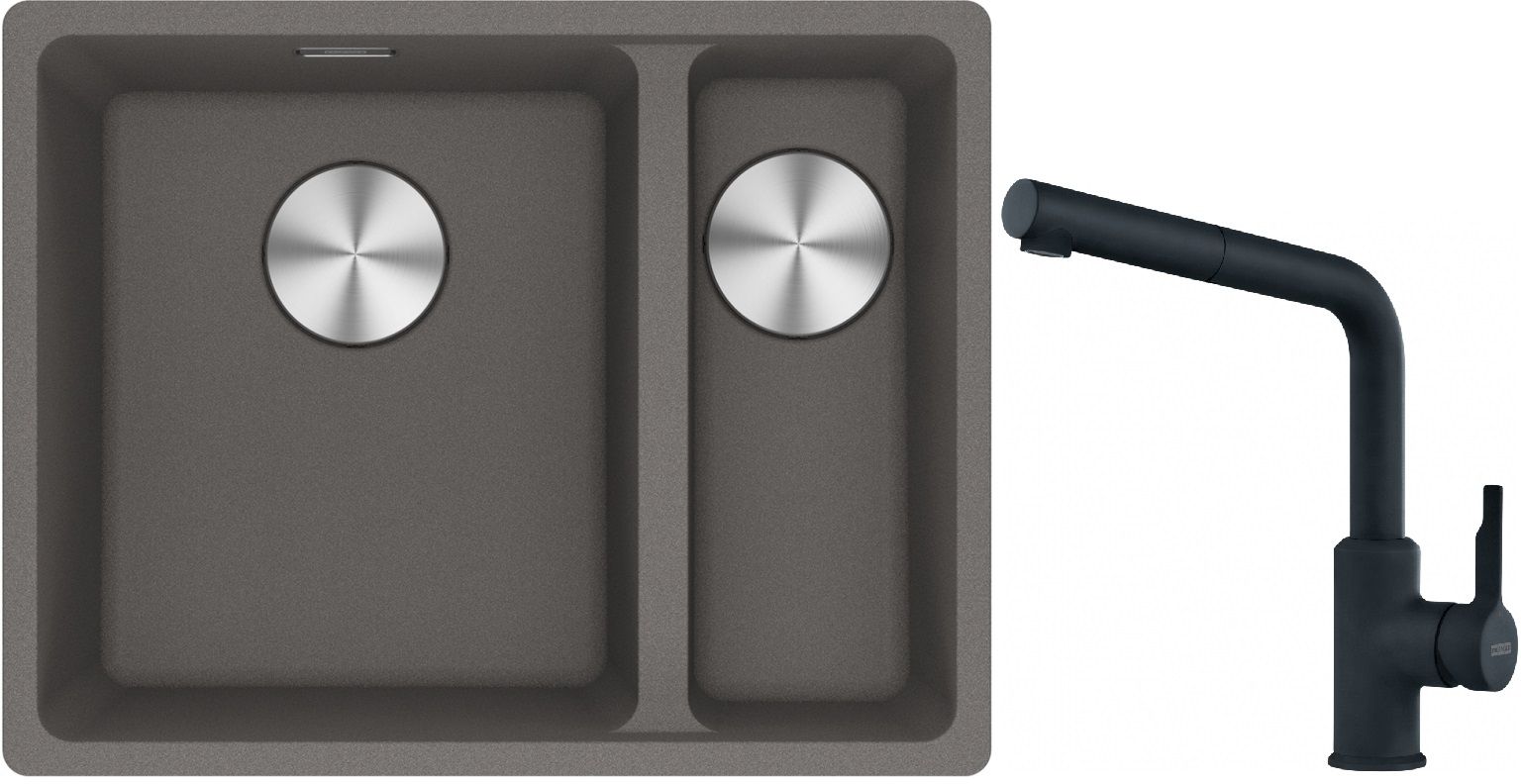 Franke Maris MRG 160-34-15SBR zlewozmywak 52x40 cm Fragranite kamienny szary z baterią kuchenną Urban czarny mat (1250687266, 1150627523)